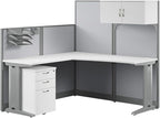 Bush Business Furniture Office in an Hour 65W L Shaped Cubicle Desk with Storage, Drawers, and Organizers in Pure White Modern Computer Table Set with Privacy Panels for Commercial Workspace