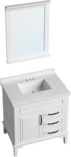 Hanover 31 Set Includes w, White Lanesboro 31'' Vanity Sink Combo for Bathroom, Powder Room | Pre-Assembled 1 Door, 3 Drawers | Accent Mirror | Artificial Stone Countertop, Cabinet, 31 inches