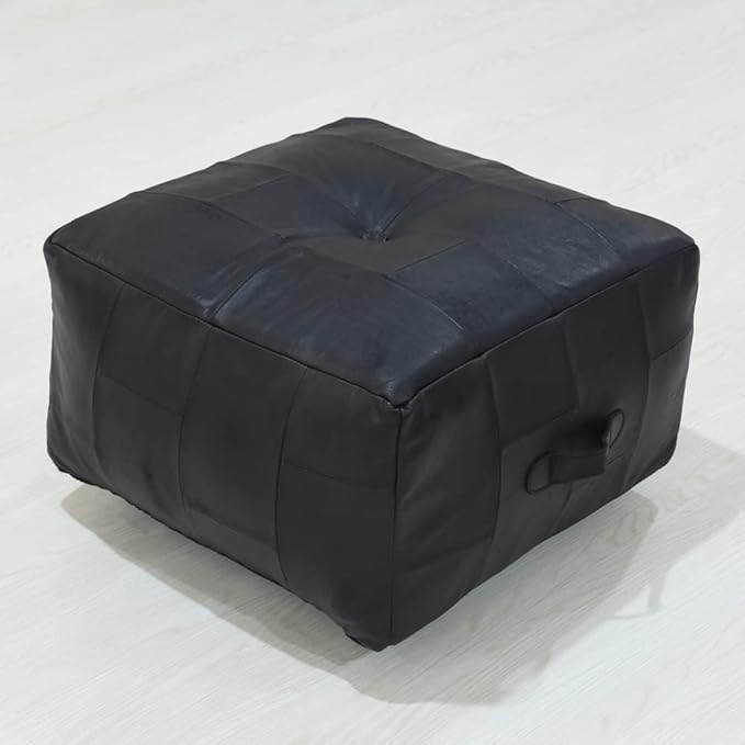 Handmade Eco-Friendly Geometric Leather Pouf Black Color Square 21" x 21" x 12" Buffalo Leather Pouf for Living Room, Bedroom Seating, Patio