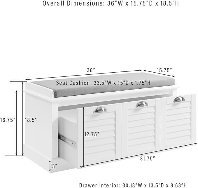 Crosley Furniture Ellison Entryway Storage Bench with Shoe Rack Organizer Drawer, White with Gray Cushion
