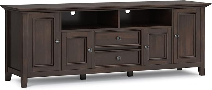 SIMPLIHOME Amherst 72-inch Wide Solid Wood TV Stand in Brunette Brown, Transitional-Style Media Console for Living Room with Cable Management and Adjustable Shelves, Fits 80" TVs