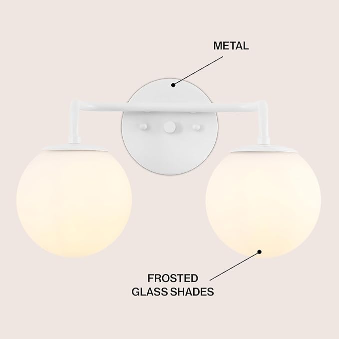 JONATHAN Y JYL3535D Louis Parisian Globe 15" 2-Light Metal/Frosted Glass Modern Contemporary LED Vanity Light Midcentury, Glam, Transitional, Bathroom, Powder Room, Dressing Room, Bedroom, White