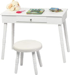 Costzon Kids Vanity Set, Wooden Princess Makeup Table with Cushioned Stool, Large Drawer, Solid Wooden Legs and Crown Mirror, Make Up Dressing Table Set for Girls (White)