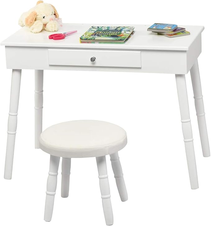 Costzon Kids Vanity Set, Wooden Princess Makeup Table with Cushioned Stool, Large Drawer, Solid Wooden Legs and Crown Mirror, Make Up Dressing Table Set for Girls (White)