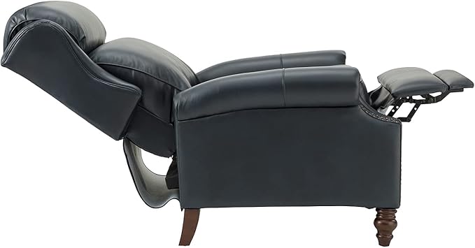 HULALA HOME Genuine Leather Recliner Chair, Traditional Manual Pushback Comfy Seating for Living Room, Thick Cushion & Solid Wood Legs, Wingback Recliner with Nailhead Trim, Navy