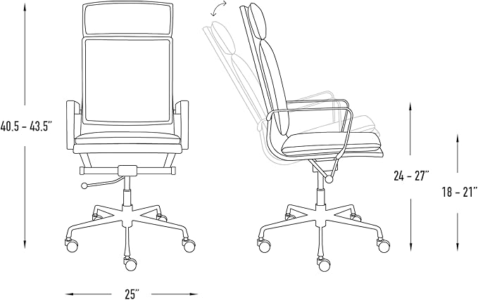 Laura Davidson Furniture Lexi II Padded Office Chair - Tall Back Desk Chair with Aluminum Arm Rest, Swivel & Cushion Availability, Made of Faux Leather, Black, Computer Chair