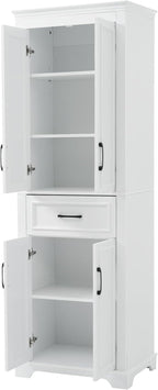 Tall Freestanding Storage Cabinet with 4 Doors & One Drawer, Multi-Purpose Organizer with Adjustable Shelf for Bathroom, Office, Living Room, White