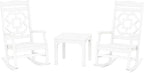 Martha Stewart by POLYWOOD Chinoiserie 3-Piece Outdoor Rocking Chair Set with Patio Side Table, White, HDPE All-Weather Furniture, Classic Porch Rockers for Deck, Garden & Backyard, Made in The USA