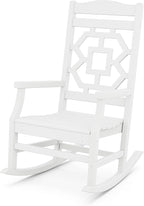 Martha Stewart by POLYWOOD Chinoiserie 3-Piece Outdoor Rocking Chair Set with Patio Side Table, White, HDPE All-Weather Furniture, Classic Porch Rockers for Deck, Garden & Backyard, Made in The USA