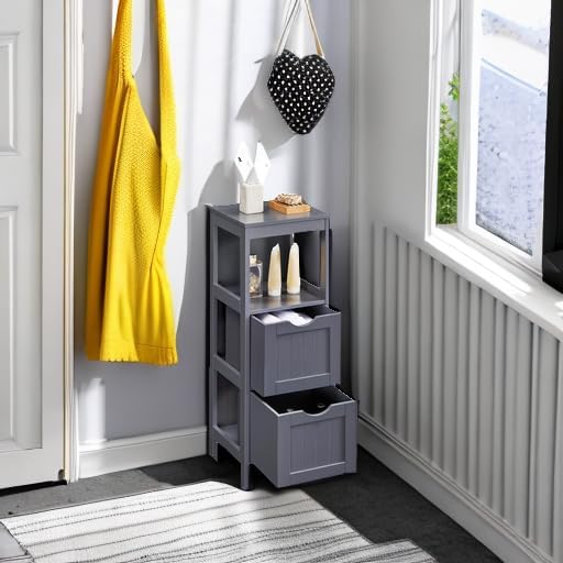 VASAGLE Storage Cabinet, Storage Organizer Rack Stand for Bathroom, Living Room, Bedroom, Multifunctional Corner Unit, 2 Drawers, 35 Inches in Height, Slate Gray BBC042G01