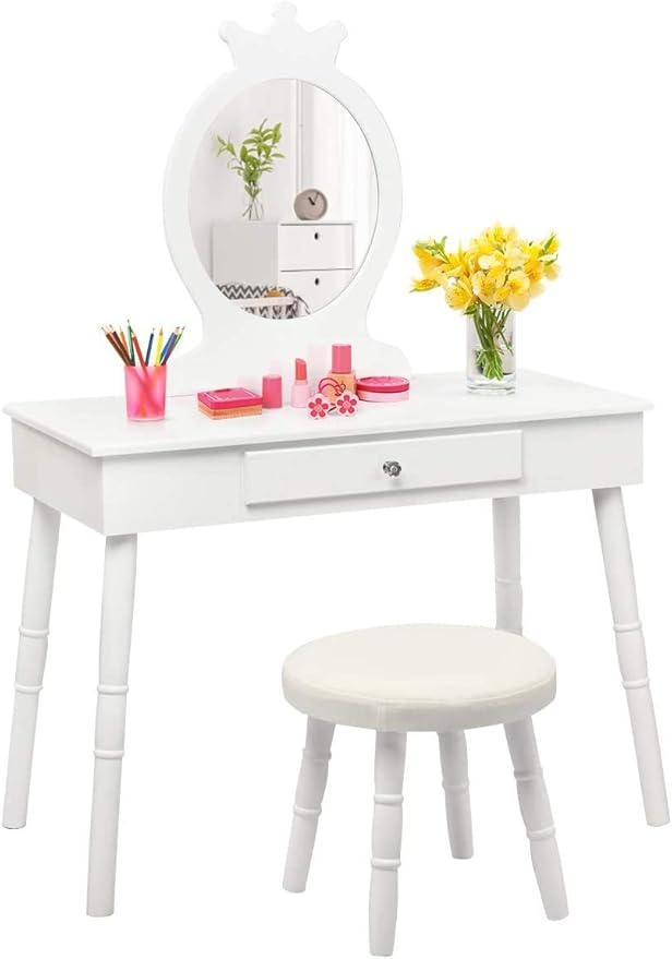 Costzon Kids Vanity Set, Wooden Princess Makeup Table with Cushioned Stool, Large Drawer, Solid Wooden Legs and Crown Mirror, Make Up Dressing Table Set for Girls (White)