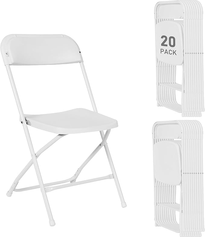 20 Pack White Plastic Folding Chairs Portable Stackable Commercial Party Folding Chairs with Steel Frame 350lbs for Home Office Outdoor Indoor Office Wedding Party Events