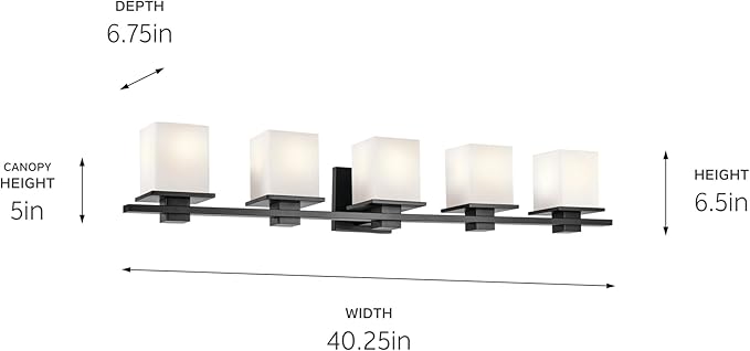 KICHLER Tully 40.25" 5-Light Vanity Light with Satin Etched Cased Opal Glass in Black for Over a Vanity, Soft Modern Style, (40.25" x 6.5" x 7"), 45193BK