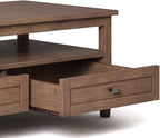 SIMPLIHOME Warm Shaker Coffee Table - 48 inch Wide Solid Wood Cocktail Table in Rustic Natural Aged Brown, Transitional Living Room Table with 2 Storage Drawers and Open Shelf for Sitting Area
