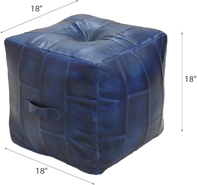 Handmade Eco-Friendly Geometric Leather Pouf Vintage Blue Color Square 18" x 18" x 18" Buffalo Leather Pouf for Living Room, Bedroom Seating, Patio