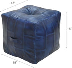 Handmade Eco-Friendly Geometric Leather Pouf Vintage Blue Color Square 18" x 18" x 18" Buffalo Leather Pouf for Living Room, Bedroom Seating, Patio