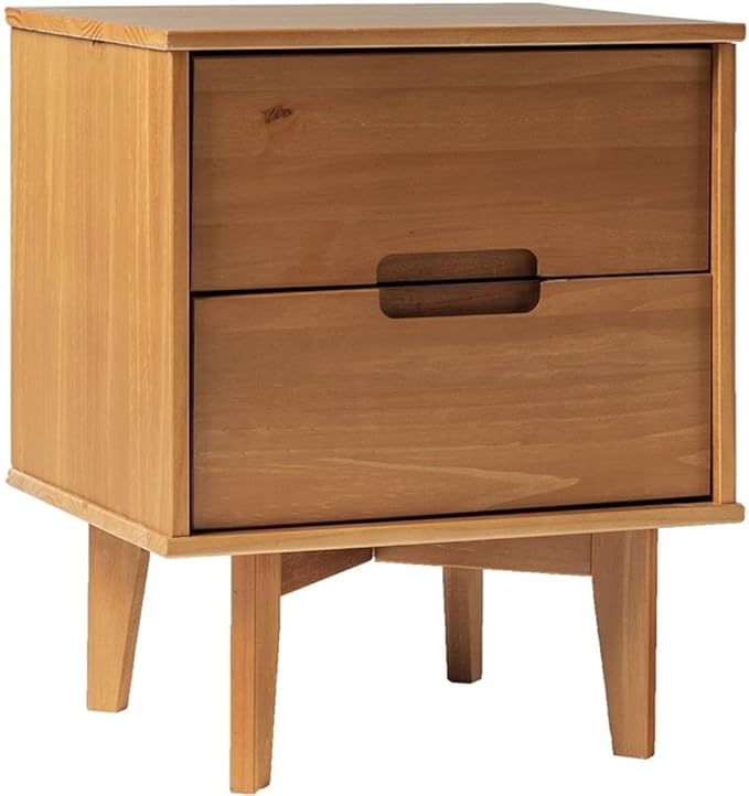 Walker Edison Mid Century Modern Grooved Handle Wood Nightstand Side Table Bedroom Storage Drawer and Shelf Bedside End Table, 2 Drawer, Caramel