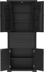 Tall Storage Cabinet, Bathroom Floor Freestanding Storage Cabinet with 2 Doors, Adjustable Shelf, and 2 Drawers for Bathroom, Office, Living Room, MDF Board, Black