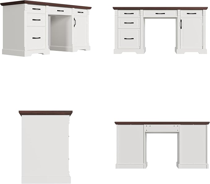 59" W Large Executive Desk, Modern Computer Desk with 5 Drawers & File Cabinet, Rustic Computer Table with Storage, Farmhouse Study Table for Home Office, Living Room, White and Brown