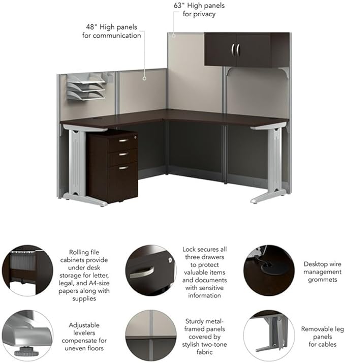 Bush Business Furniture Office in an Hour 65W L Shaped Cubicle Desk with Storage, Drawers, and Organizers in Mocha Cherry | Modern Computer Table Set with Privacy Panels for Commercial Workspace