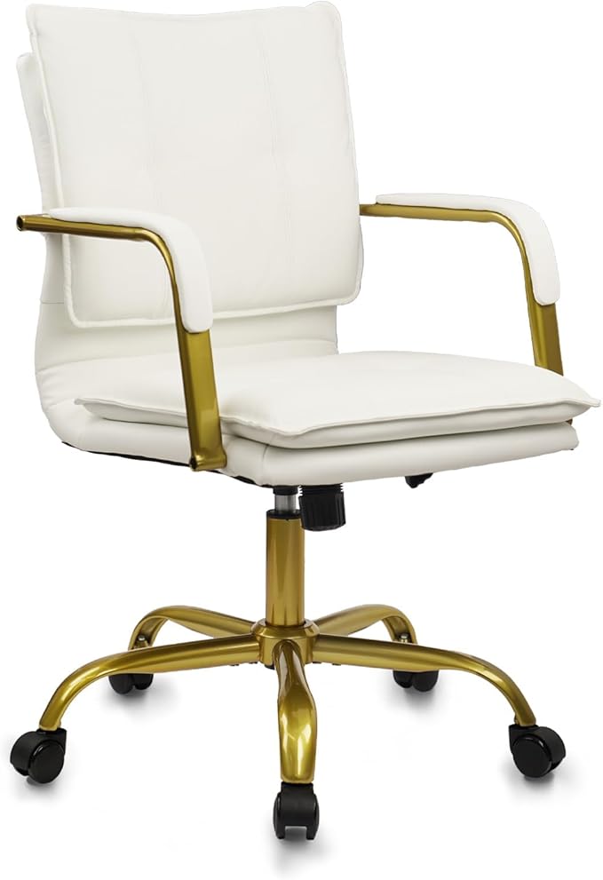 CLATINA Leather Home Office Desk Chair, Swivel Mid-Back Computer Chair with Golden Legs and Arms, Comfy Upholstered Task Chair with Wheels, White