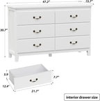 White Dresser, Modern 6 Drawer Double Dresser for Bedroom Adults & Kids with Vintage Gold Handles, Wide Dressers & Chests of Drawers, 6 Drawer Dressers for Hallway, Antique White