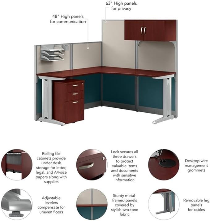 Bush Furniture BSHWC3649403STGK Hansen Cherry 65W x 65D L-Workstation with Storage and Accessory Kit
