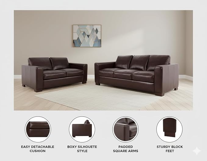 Naomi Home Freya Genuine Leather Sofa + Loveseat - Luxurious Comfort, Goose Feather Cushion Filling, Square Arm Design, Sturdy Block Legs, Elegant Espresso - Ideal for Living Room, Office, or Bedroom