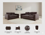Naomi Home Freya Genuine Leather Sofa + Loveseat - Luxurious Comfort, Goose Feather Cushion Filling, Square Arm Design, Sturdy Block Legs, Elegant Espresso - Ideal for Living Room, Office, or Bedroom