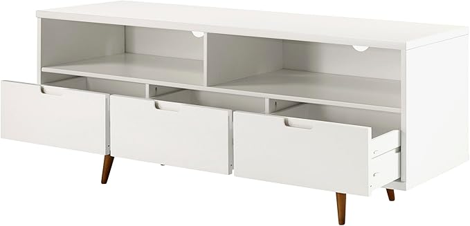 Walker Edison Millie Mid Century Modern 3 Drawer Solid Wood Low Stand for TVs up to 65 Inches, 58 Inch, White