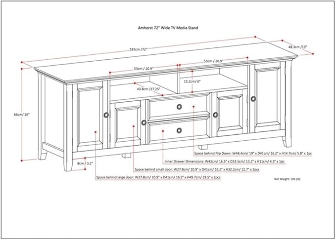 SIMPLIHOME Amherst 72-inch Wide Solid Wood TV Stand in Fog Grey, Transitional-Style Media Console for Living Room with Cable Management and Adjustable Shelves, Fits 80" TVs