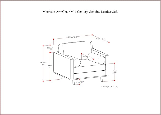 SIMPLIHOME Morrison Accent Chair - 43 inch Wide Upholstered Top Grain Genuine Leather Mid-Century Modern Arm Chair with Solid Wood Frame in Caramel Brown, for Living Room with 2 Bolster Pillows