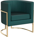 Velvet Modern Accent Chair, Upholstered Barrel Armchair Mid Century with Pillow for Living Room, Comfy Single Vnaity Chair with Metal Gold Legs for Bedroom, Green