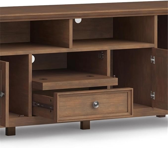 SIMPLIHOME Amherst 72-inch Wide Solid Wood TV Stand in Rustic Natural Aged Brown, Transitional-Style Media Console for Living Room with Cable Management and Adjustable Shelves, Fits 80" TVs