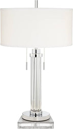 Possini Euro Design Cadence Modern Table Lamp 33" Tall with Square Riser Linear Clear Glass Rod White Linen Drum Shade for Bedroom Living Room House Home Bedside Nightstand Office Entryway Family