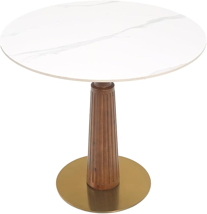 Sintered Stone Office Table and Chair Set - 33.5" Round Table for Small Offices (Light Brown Leg and White Top, 1 Table and 2 Chairs)