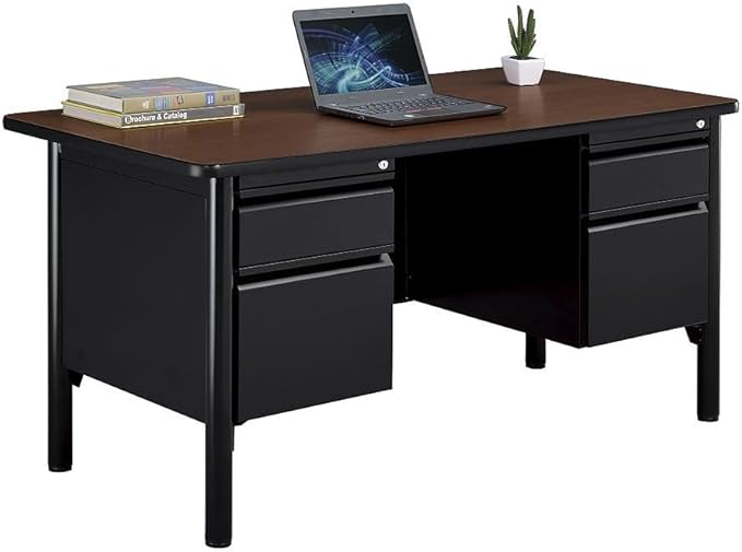 nbf signature series Stahl Double Pedestal Office Desk – Durable Gray Laminate Computer Desk with 4 Lockable Drawers – Modern Executive Desk with File Cabinet – 60" W x 30" D Office Work Desk