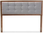 Mid-Century Marvel Fabric Upholstered Walnut Brown Finished Wood Headboard, Wall Mount Headboard King/Light Gray