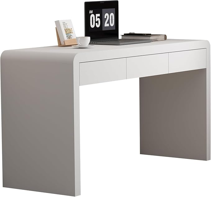 Executive Desk with Drawers, White Computer Desk with Drawers with Three-Layer Lacquered Thick Wooden Board, 55 inch Modern Home Office Desk for Study, Living Room, Bedroom
