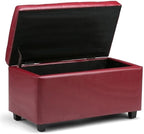 SIMPLIHOME Cosmopolitan 34 inch Wide Transitional Rectangle Storage Ottoman in Red Vegan Faux Leather, Assembled, For the Living Room, Entryway and Family Room