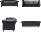 Home Sofa Living Room Furniture, 3 Seater Leather Upholstered Sofa Couch, Modern Comfy Couch with Faux Leather Cushions, Mid Century Tufted Chesterfield Sofas for Bedroom, Office, Apartment (Black)