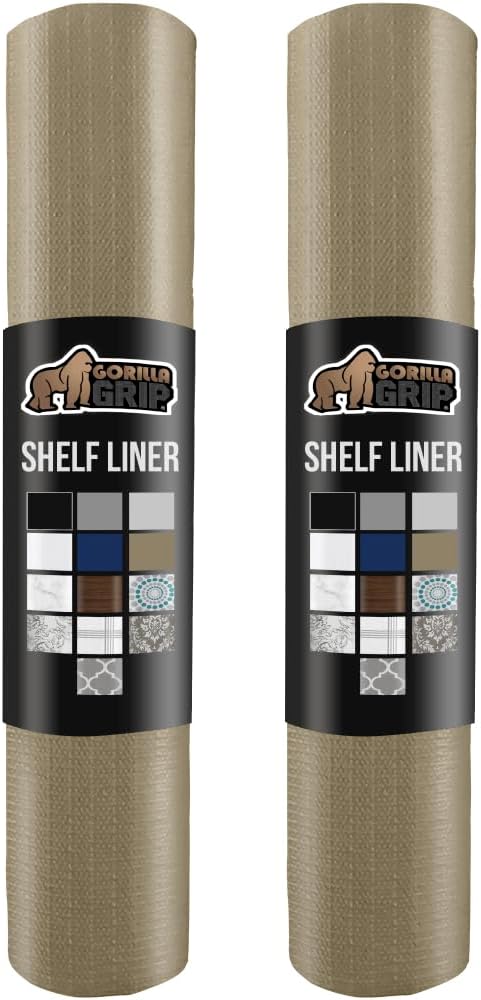 GORILLA GRIP Slip Resistant Drawer and Shelf Liner 2 Pack, Non Adhesive Water Resistant, Easy Clean and Trim, Smooth Surface Liners for Kitchen Cabinet, Shelves, Drawers, Pantry, 12 in x 10 FT, Beige