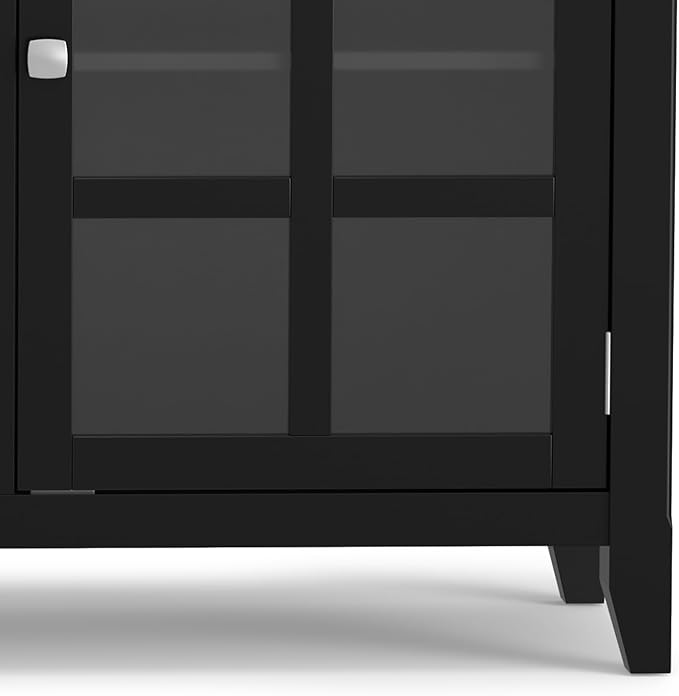 SIMPLIHOME Acadian SOLID WOOD 62 inch Wide Transitional Wide Storage Cabinet in Black, with 3 Tempered Glass Doors, 3 Adjustable Shelves