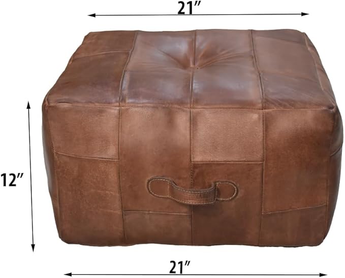 Handmade Eco-Friendly Geometric Leather Pouf Brown Color Square 21" x 21" x 12" Buffalo Leather Pouf for Living Room, Bedroom Seating, Patio