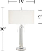 Possini Euro Design Cadence Modern Table Lamp 30" Tall with USB Dimmer Linear Clear Glass Rod White Linen Drum Shade for Bedroom Living Room House Bedside Nightstand Home Office Entryway Family