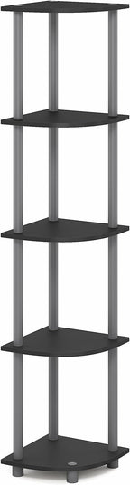 Furinno Turn-N-Tube Corner Shelf, 5-Tier Corner Bookshelf, Open Storage Shelves, for Organization and Storage, Living Room, Home Office, Garage, Bedroom, Plain Black