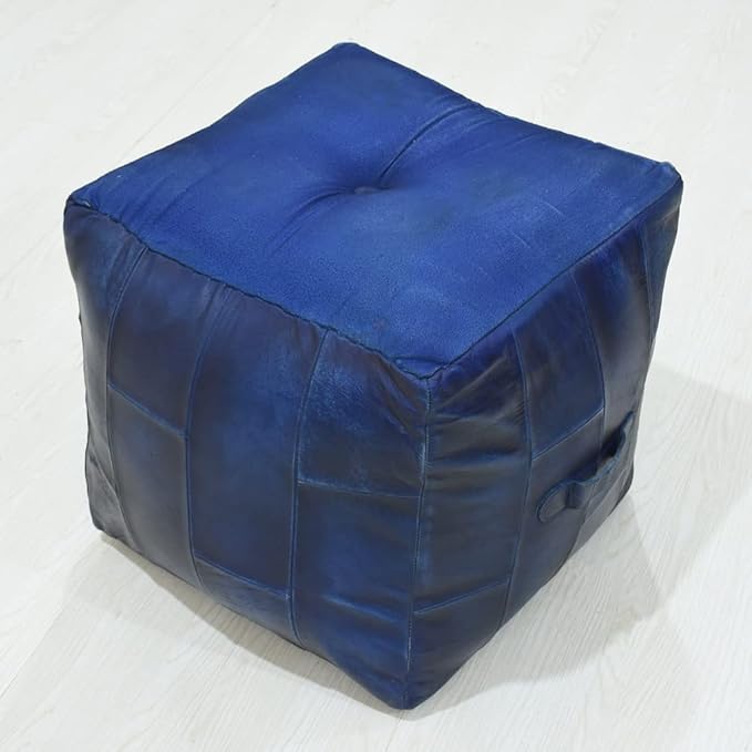 Handmade Eco-Friendly Geometric Leather Pouf Vintage Blue Color Square 14" x 14" x 14" Buffalo Leather Pouf for Living Room, Bedroom Seating, Patio