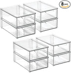 mDesign Plastic Stackable Bathroom Storage Organizer Bin with Pull Out Drawer for Cabinet, Vanity, Shelf, Cupboard, Cabinet, or Closet Organization - Lumiere Collection - 8 Pack - (Clear, 8 x 12 x 4)