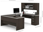 Pemberly Row U Shaped Modern Executive Computer Desk with Pedestal and Hutch in Brown Chocolate