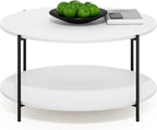Furinno BESI Coffee Table, 2-Tier Round Modern Coffee Table with Metal Legs, Metal Frame Side Table with Open Shelf, for Living Room, Bedroom, Home Office, White
